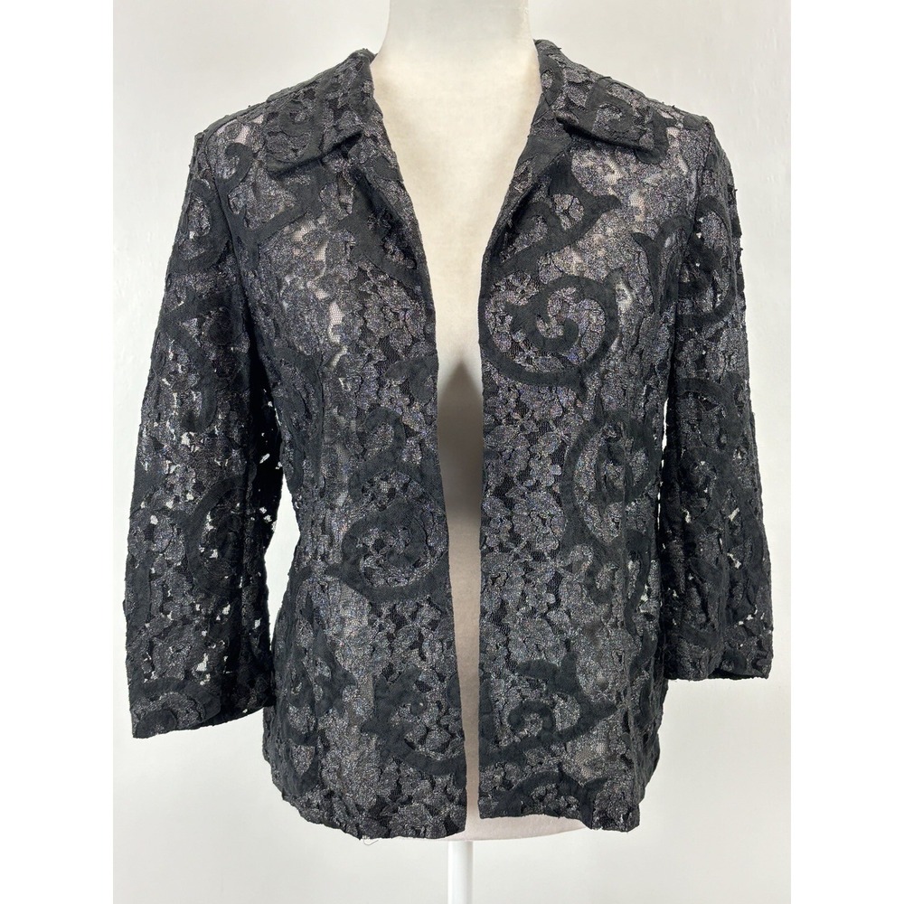 Chicos Open Front Lace Velvet Jacket 0 US Small Black GUC Holidays